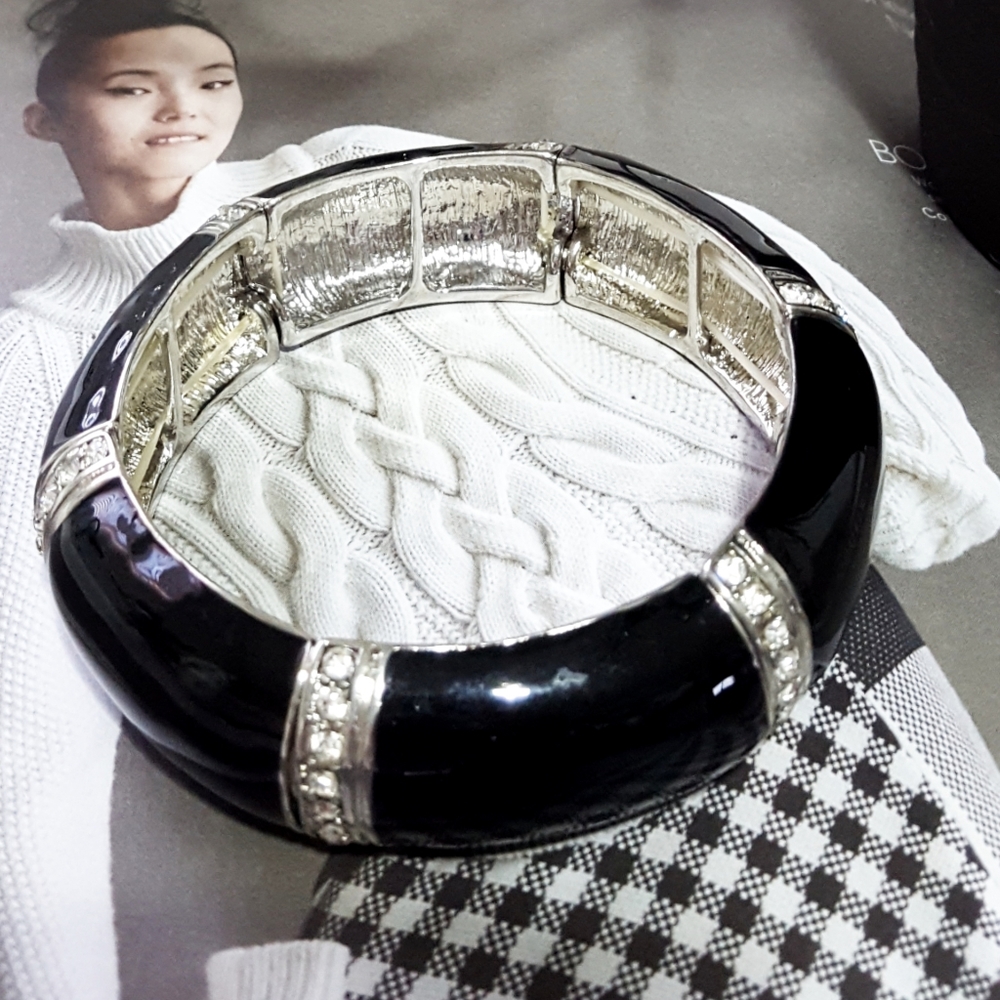 Black Silver Tone Elastic Bangle Bracelet